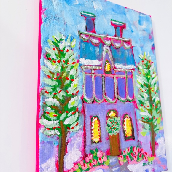 Original Holiday Painting Decorative Christmas House Whimsical Landscape 9"x12" - Picture 3 of 10
